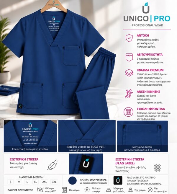 UNICO PRO U900 unisex σετ scrub σε σκούρο μπλε, μπλούζα και παντελόνι