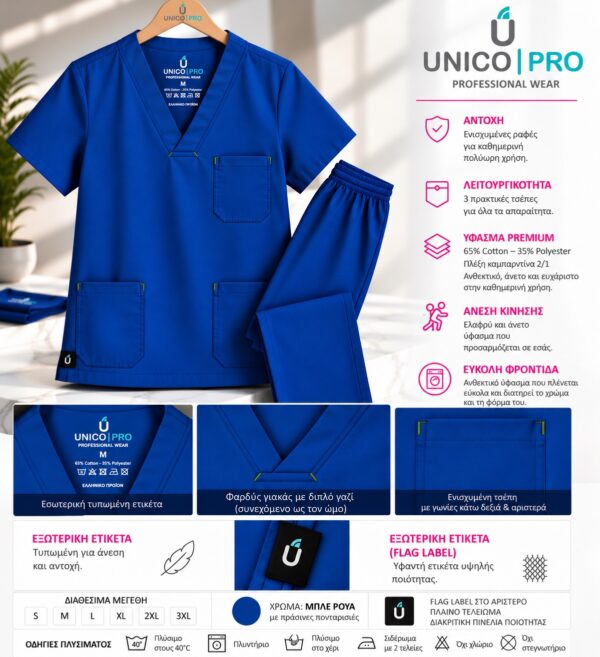 5AFA33D2-1C5D-4D67-86FD-48A55D1FE015 UNICO PRO U900 unisex σετ scrub σε μπλε ρουά με πράσινες πονταρισιές