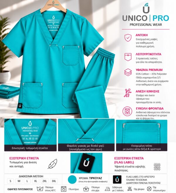 FBD91CF4-CEC6-47C1-AF93-674D70311292 UNICO PRO U900 unisex σετ scrub σε τιρκουάζ, μπλούζα και παντελόνι